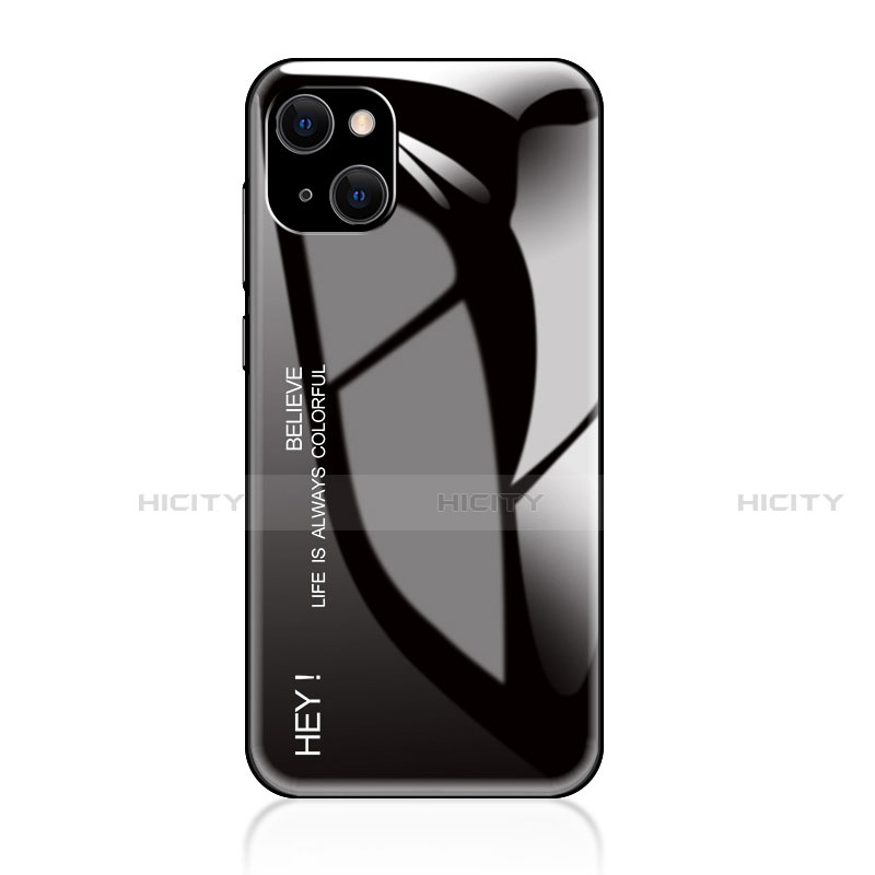 Apple iPhone 15用ハイブリットバンパーケース プラスチック 鏡面 虹 グラデーション 勾配色 カバー アップル ブラック