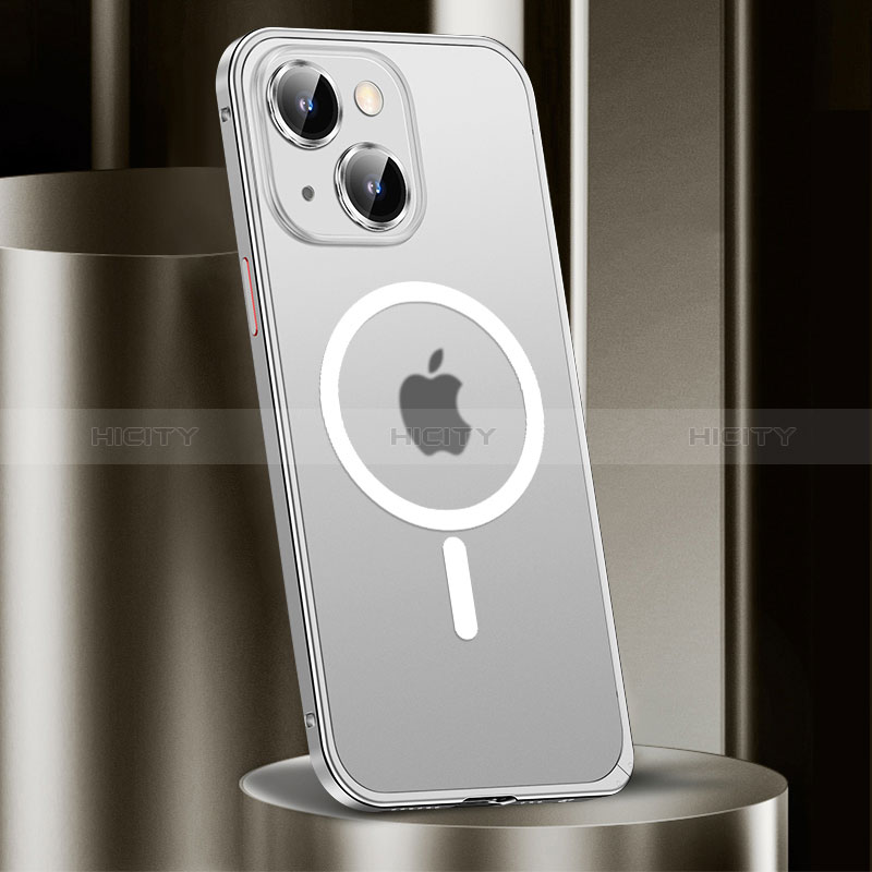 Apple iPhone 15 Plus用ケース 高級感 手触り良い メタル兼プラスチック バンパー Mag-Safe 磁気 Magnetic JL2 アップル シルバー