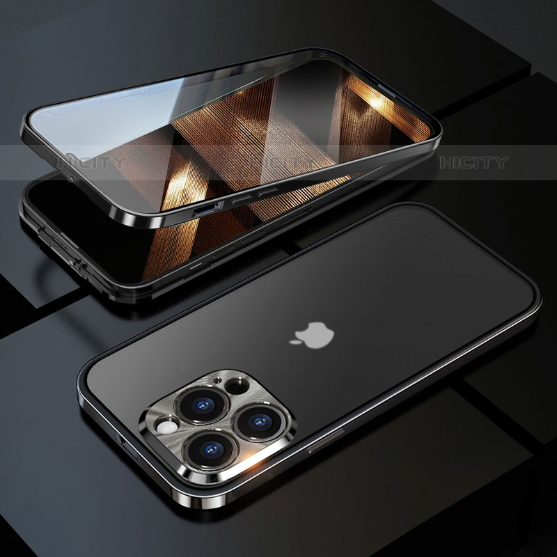 Apple iPhone 15 Pro用ケース 高級感 手触り良い アルミメタル 製の金属製 360度 フルカバーバンパー 鏡面 カバー M01 アップル ブラック