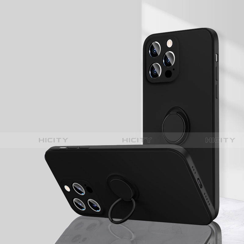Apple iPhone 15 Pro Max用極薄ソフトケース シリコンケース 耐衝撃 全面保護 アンド指輪 マグネット式 バンパー G01 アップル ブラック