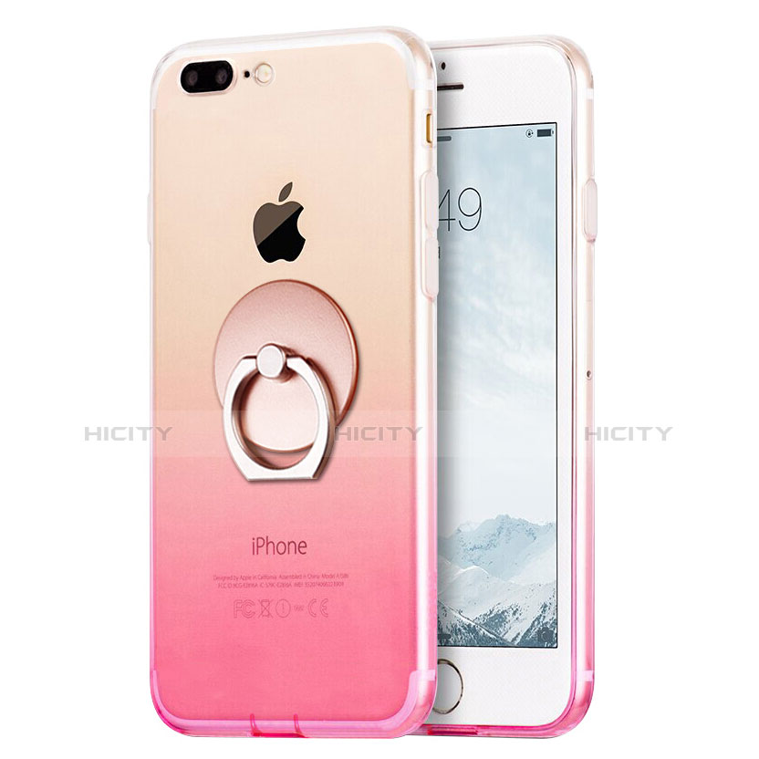 Apple iPhone 7 Plus用極薄ソフトケース グラデーション 勾配色 クリア透明 アンド指輪 アップル ピンク