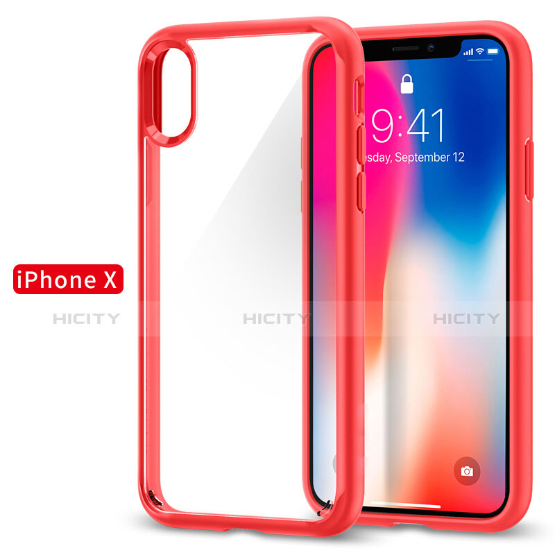 Apple iPhone Xs用360度 フルカバーハイブリットバンパーケース クリア透明 プラスチック 鏡面 アップル レッド