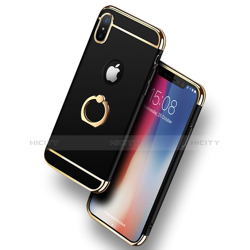 Apple iPhone Xs Max用ケース 高級感 手触り良い メタル兼プラスチック バンパー アンド指輪 F02 アップル ブラック