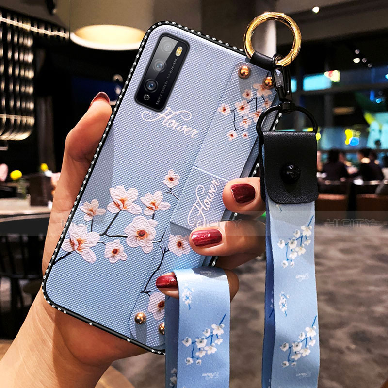 Huawei Enjoy 20 Pro 5G用シリコンケース ソフトタッチラバー 花 カバー ファーウェイ ブルー