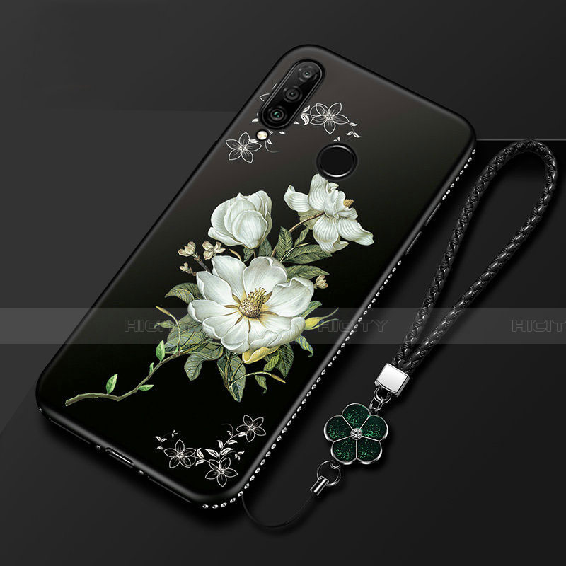 Huawei Honor 20E用シリコンケース ソフトタッチラバー 花 カバー ファーウェイ ブラック