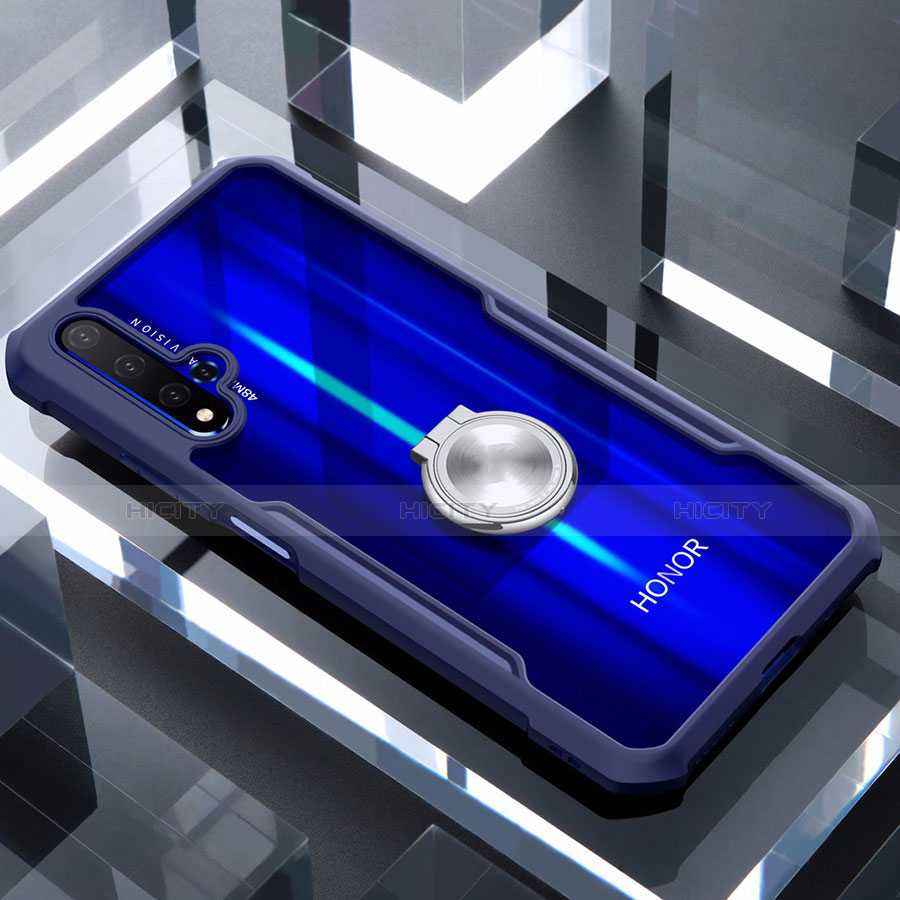 Huawei Honor 20S用360度 フルカバーハイブリットバンパーケース クリア透明 プラスチック 鏡面 アンド指輪 マグネット式 ファーウェイ ネイビー