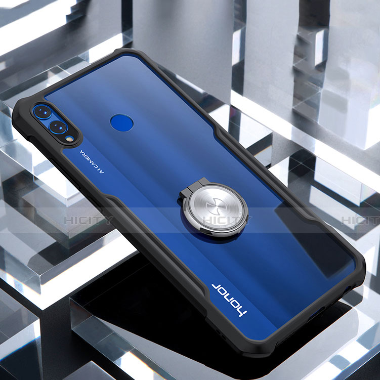 Huawei Honor 8X用360度 フルカバーハイブリットバンパーケース クリア透明 プラスチック 鏡面 アンド指輪 マグネット式 ファーウェイ ブラック