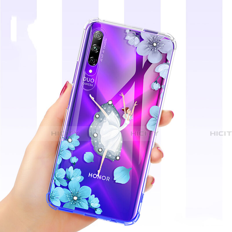 Huawei Honor 9X Pro用極薄ソフトケース シリコンケース 耐衝撃 全面保護 クリア透明 花 ファーウェイ ネイビー