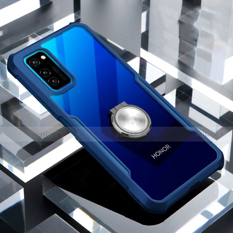 Huawei Honor V30 5G用360度 フルカバーハイブリットバンパーケース クリア透明 プラスチック 鏡面 アンド指輪 マグネット式 ファーウェイ ネイビー