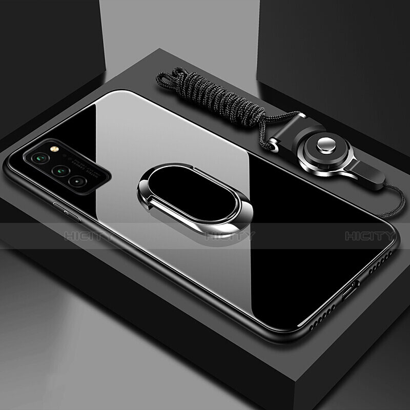 Huawei Honor V30 Pro 5G用ハイブリットバンパーケース プラスチック 鏡面 カバー アンド指輪 マグネット式 ファーウェイ ブラック