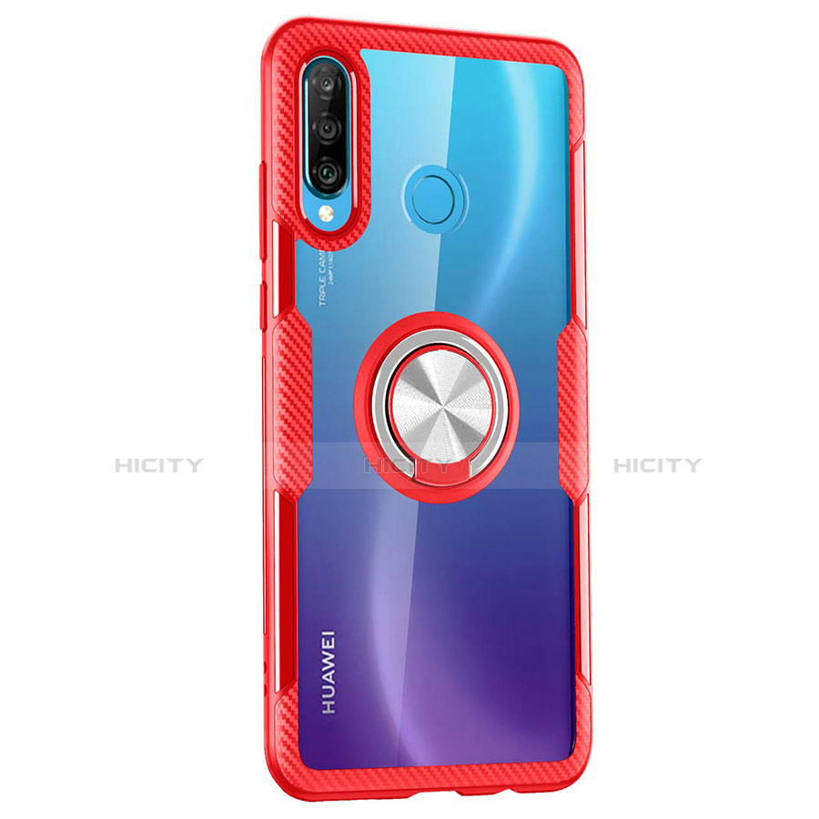 Huawei Nova 4e用360度 フルカバーハイブリットバンパーケース クリア透明 プラスチック 鏡面 アンド指輪 マグネット式 Z01 ファーウェイ レッド