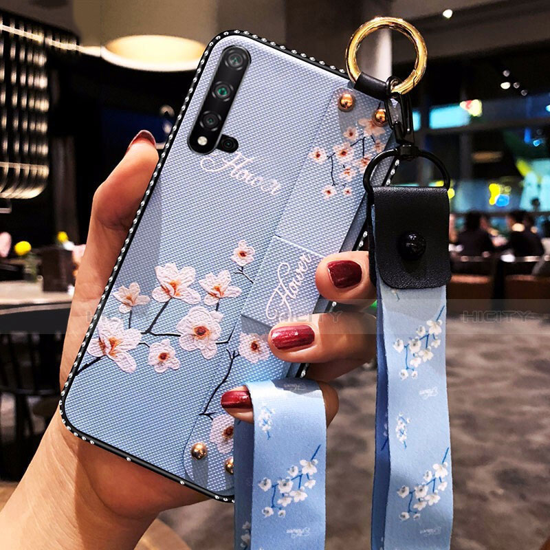 Huawei Nova 5用シリコンケース ソフトタッチラバー 花 カバー S03 ファーウェイ ブルー