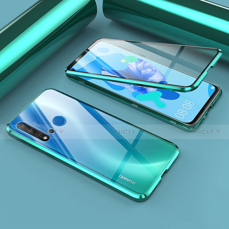 Huawei Nova 5i用ケース 高級感 手触り良い アルミメタル 製の金属製 360度 フルカバーバンパー 鏡面 カバー T02 ファーウェイ シアン