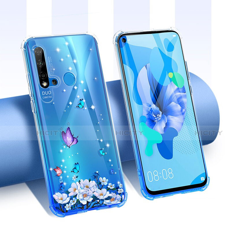 Huawei Nova 5i用極薄ソフトケース シリコンケース 耐衝撃 全面保護 クリア透明 花 T01 ファーウェイ パープル