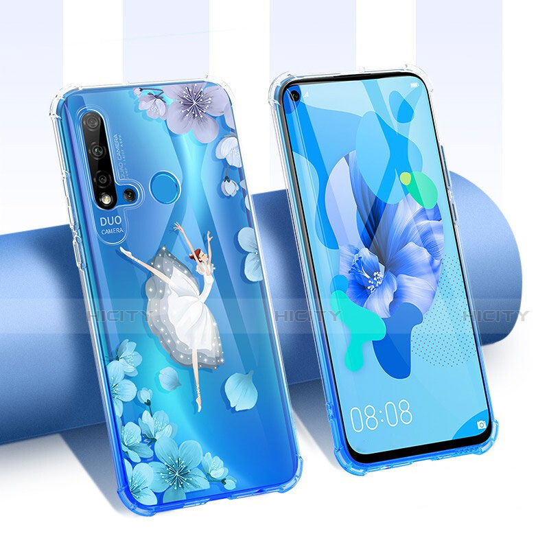 Huawei Nova 5i用極薄ソフトケース シリコンケース 耐衝撃 全面保護 クリア透明 花 T01 ファーウェイ ネイビー