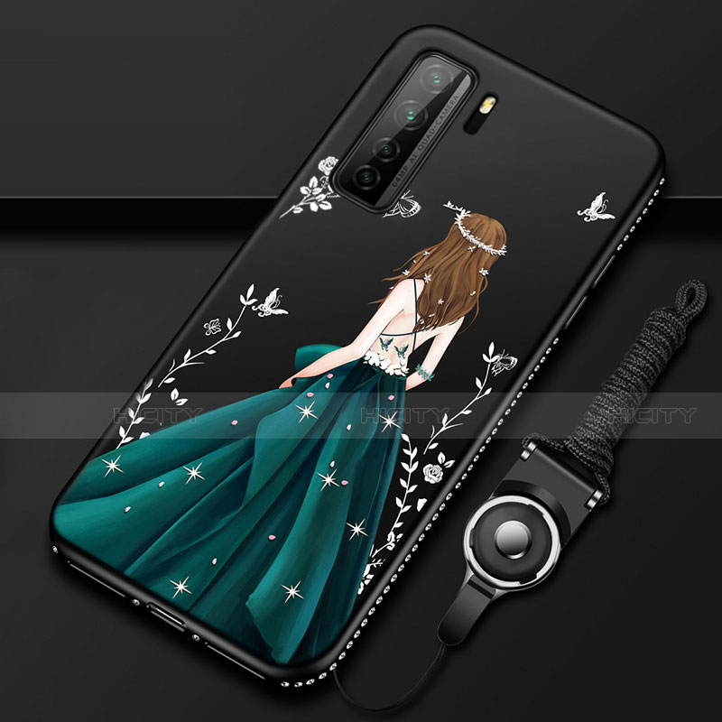 Huawei Nova 7 SE 5G用シリコンケース ソフトタッチラバー バタフライ ドレスガール ドレス少女 カバー K01 ファーウェイ グリーン