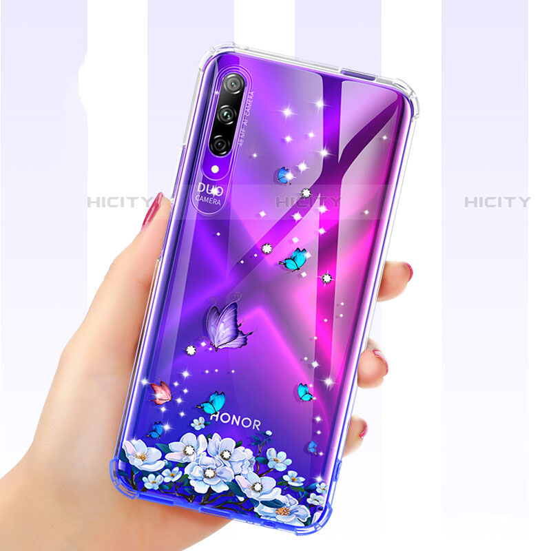 Huawei P Smart Pro (2019)用極薄ソフトケース シリコンケース 耐衝撃 全面保護 クリア透明 花 ファーウェイ パープル