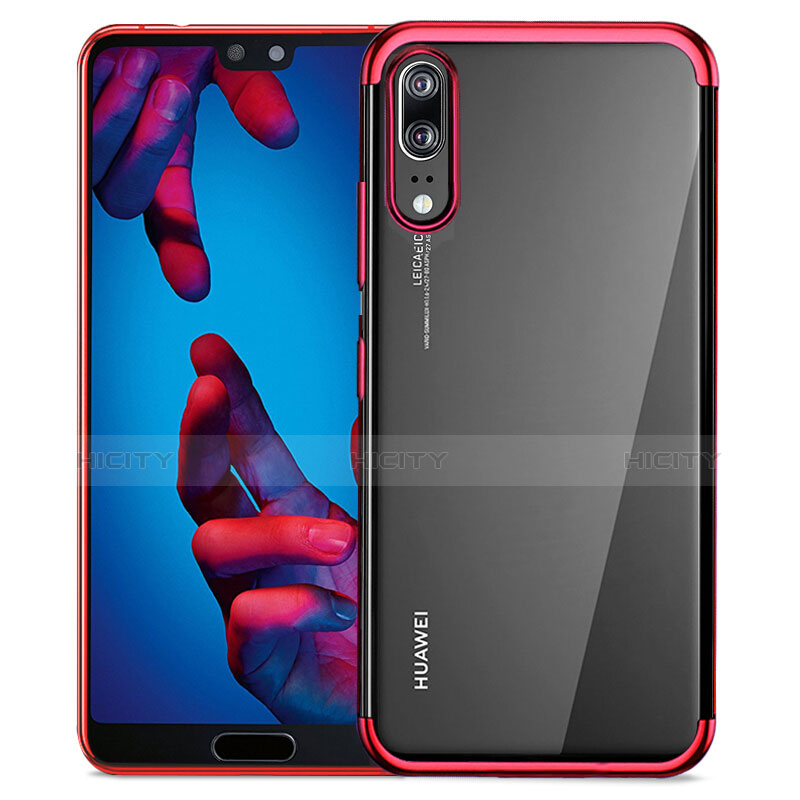 Huawei P20用極薄ソフトケース シリコンケース 耐衝撃 全面保護 クリア透明 T02 ファーウェイ レッド