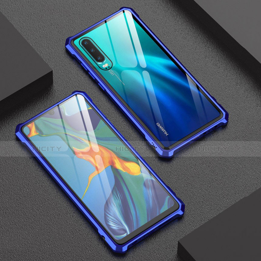 Huawei P30用ケース 高級感 手触り良い アルミメタル 製の金属製 バンパー 鏡面 カバー ファーウェイ ネイビー