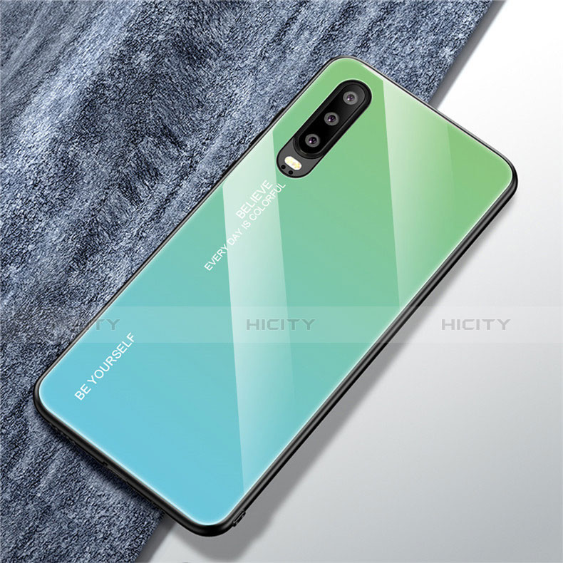 Huawei P30用ハイブリットバンパーケース プラスチック 鏡面 虹 グラデーション 勾配色 カバー M01 ファーウェイ グリーン