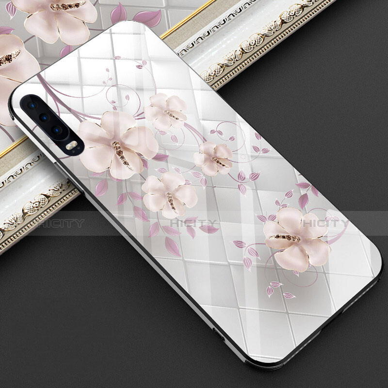 Huawei P30用ハイブリットバンパーケース プラスチック 鏡面 花 カバー S02 ファーウェイ ピンク