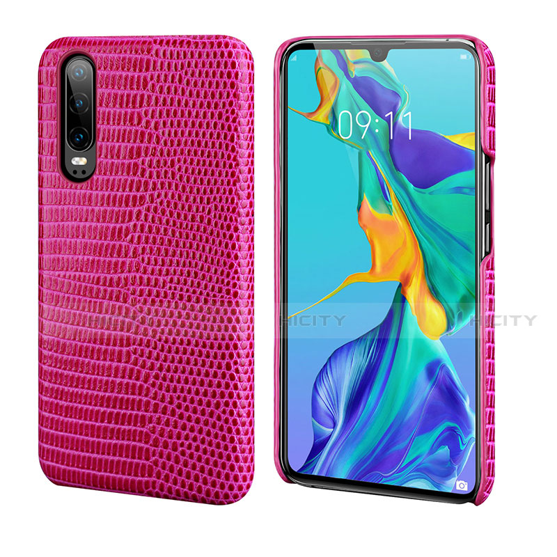 Huawei P30用ケース 高級感 手触り良いレザー柄 P02 ファーウェイ ローズレッド