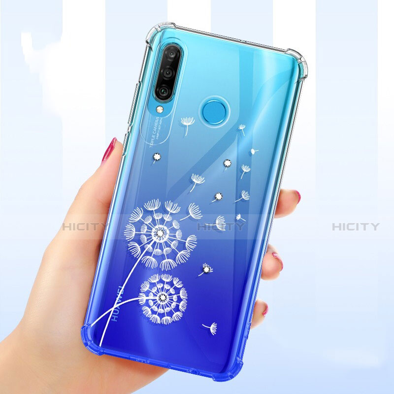 Huawei P30 Lite用極薄ソフトケース シリコンケース 耐衝撃 全面保護 クリア透明 花 ファーウェイ ホワイト