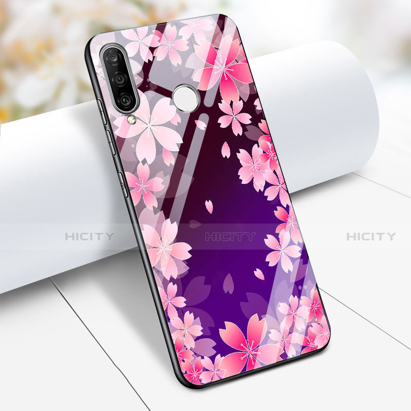 Huawei P30 Lite XL用ハイブリットバンパーケース プラスチック 鏡面 花 S01 ファーウェイ パープル