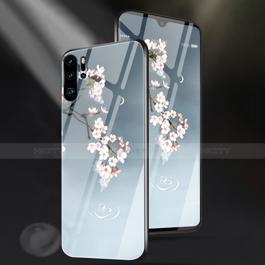 Huawei P30 Pro用ハイブリットバンパーケース プラスチック 鏡面 花 ファーウェイ ブルー