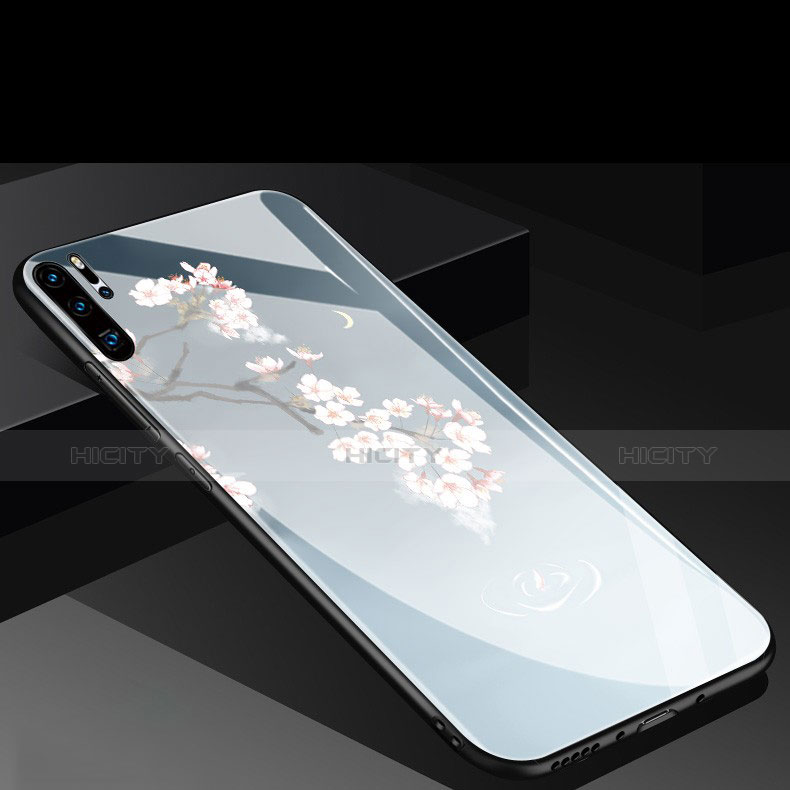 Huawei P30 Pro用ハイブリットバンパーケース プラスチック 鏡面 花 ファーウェイ ブルー