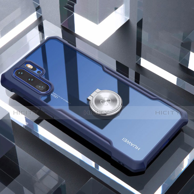 Huawei P30 Pro New Edition用360度 フルカバーハイブリットバンパーケース クリア透明 プラスチック 鏡面 アンド指輪 マグネット式 ファーウェイ ネイビー