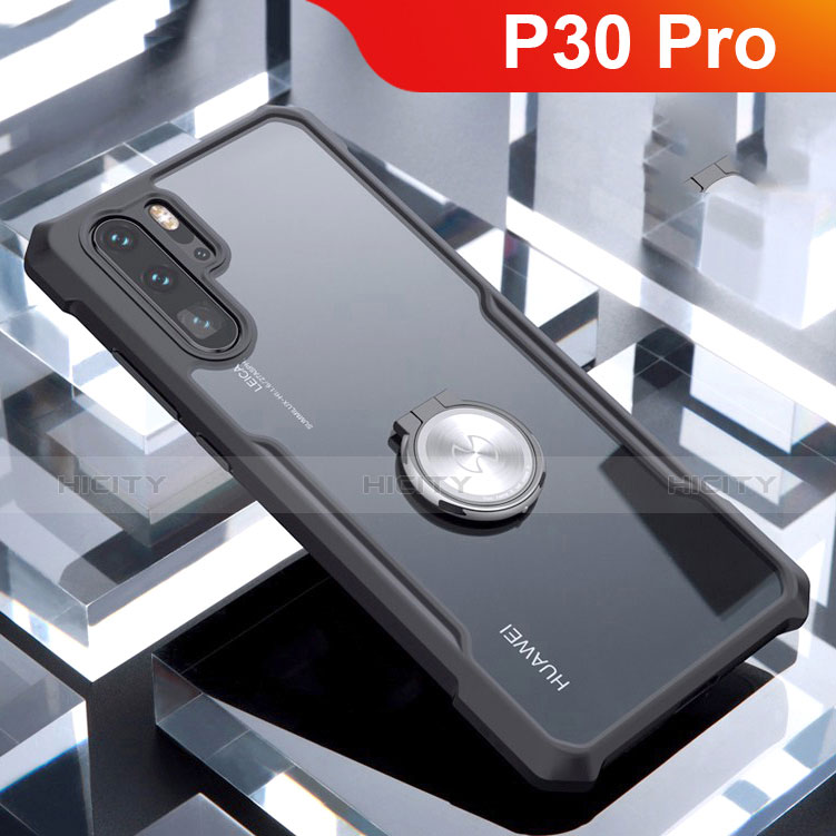 Huawei P30 Pro New Edition用360度 フルカバーハイブリットバンパーケース クリア透明 プラスチック 鏡面 アンド指輪 マグネット式 ファーウェイ ブラック