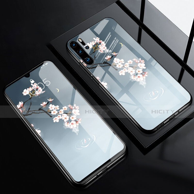 Huawei P30 Pro New Edition用ハイブリットバンパーケース プラスチック 鏡面 花 ファーウェイ ブルー