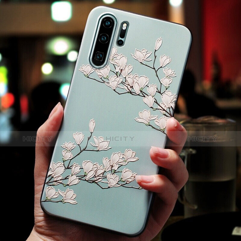 Huawei P30 Pro New Edition用シリコンケース ソフトタッチラバー 花 ファーウェイ シアン