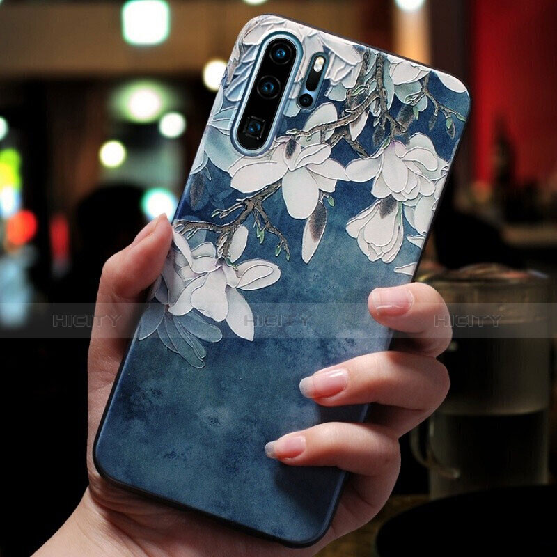 Huawei P30 Pro New Edition用シリコンケース ソフトタッチラバー 花 ファーウェイ ネイビー