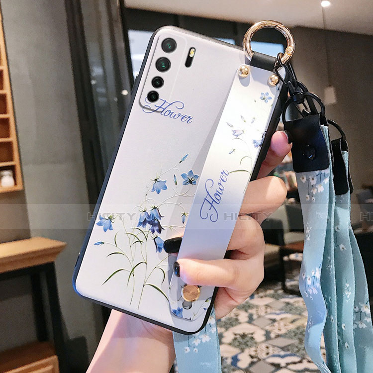 Huawei P40 Lite 5G用シリコンケース ソフトタッチラバー 花 カバー ファーウェイ ホワイト