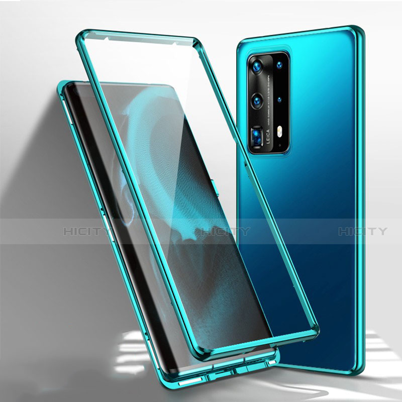 Huawei P40 Pro+ Plus用ケース 高級感 手触り良い アルミメタル 製の金属製 360度 フルカバーバンパー 鏡面 カバー T01 ファーウェイ シアン