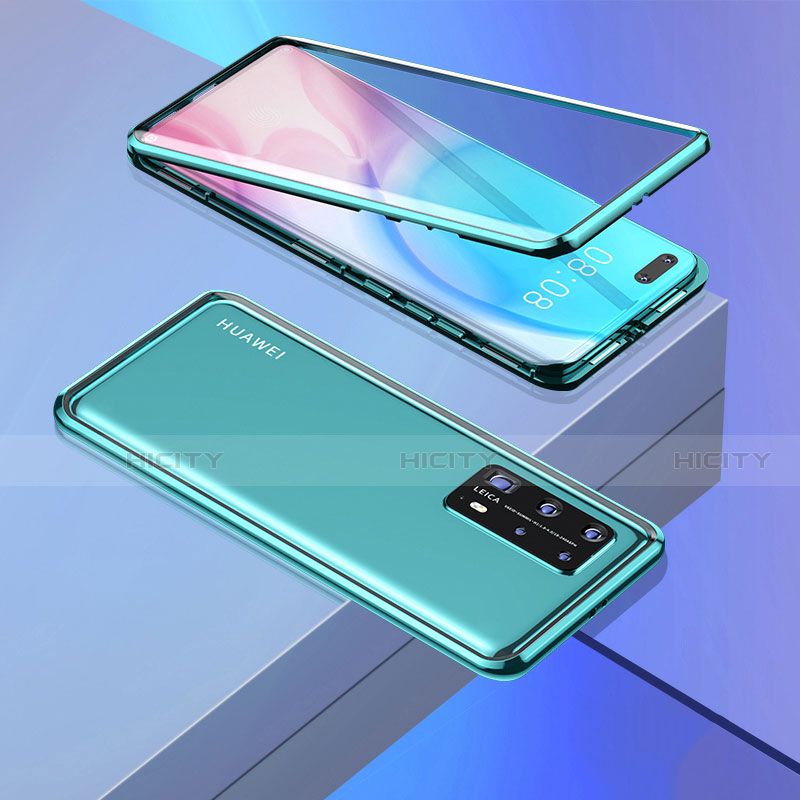 Huawei P40 Pro+ Plus用ケース 高級感 手触り良い アルミメタル 製の金属製 360度 フルカバーバンパー 鏡面 カバー T02 ファーウェイ シアン