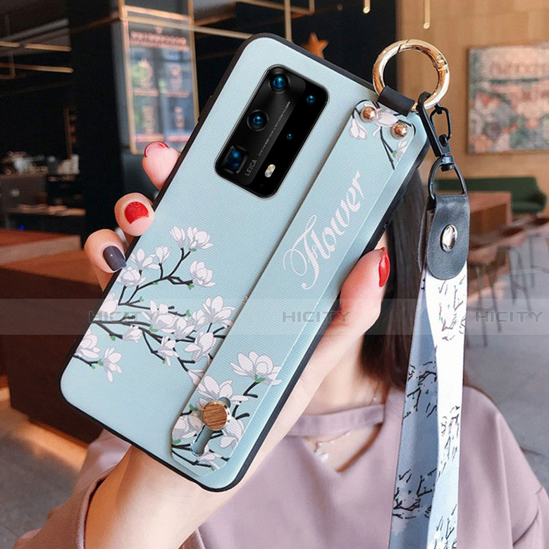 Huawei P40 Pro+ Plus用シリコンケース ソフトタッチラバー 花 カバー ファーウェイ ブルー