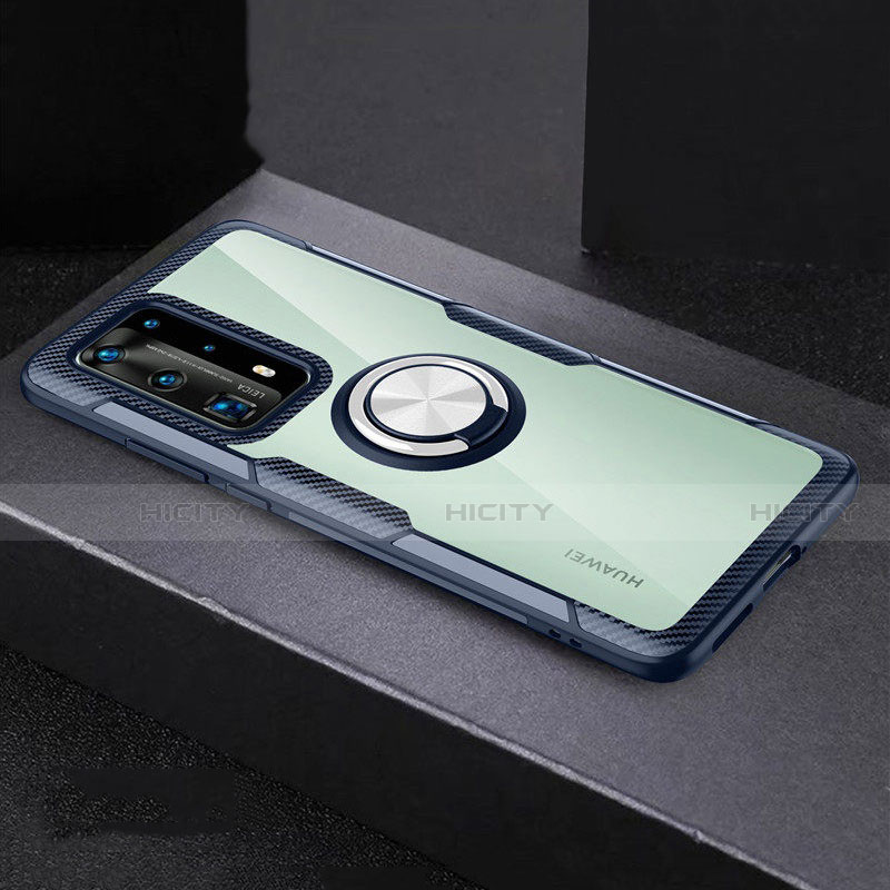 Huawei P40 Pro+ Plus用360度 フルカバーハイブリットバンパーケース クリア透明 プラスチック 鏡面 アンド指輪 マグネット式 ファーウェイ グレー