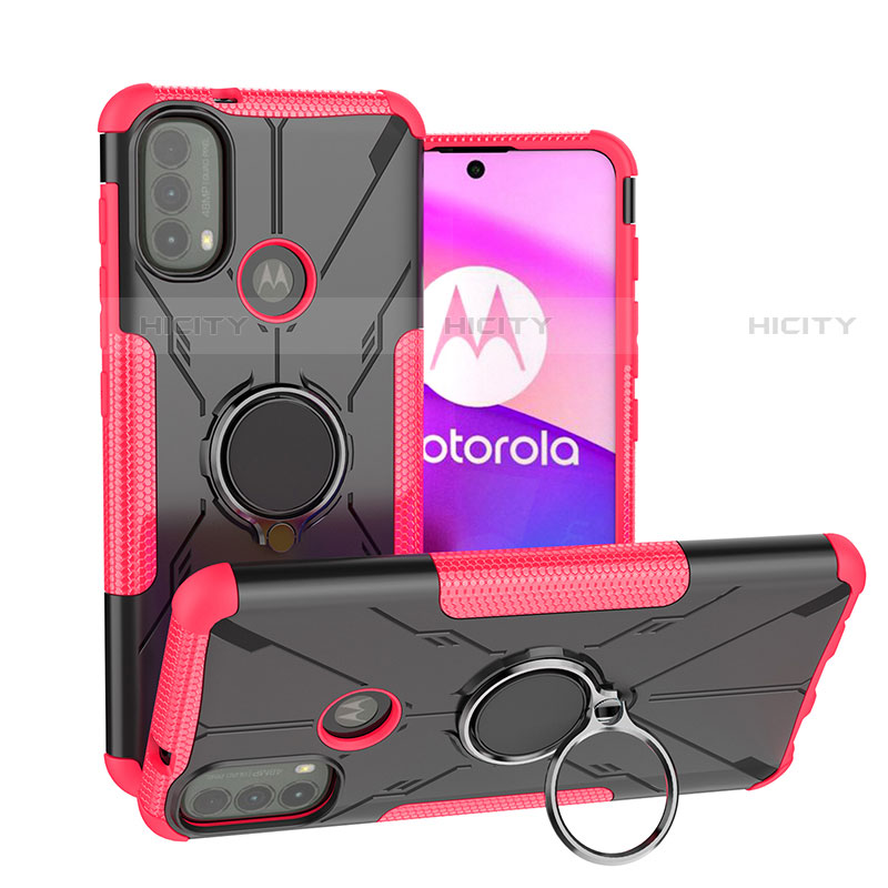 Motorola Moto E20用ハイブリットバンパーケース プラスチック アンド指輪 マグネット式 S02 モトローラ ローズレッド