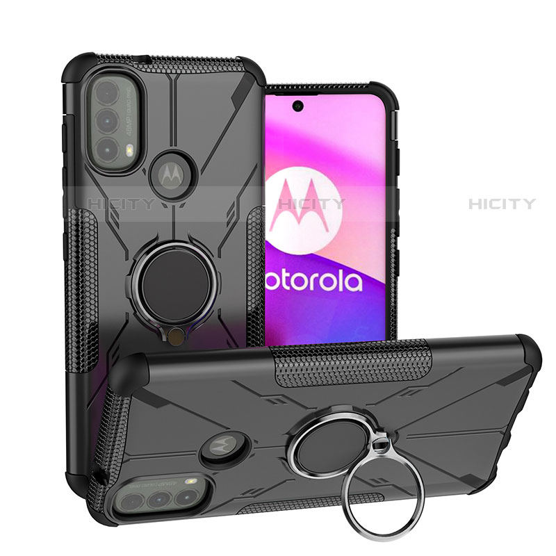 Motorola Moto E30用ハイブリットバンパーケース プラスチック アンド指輪 マグネット式 S02 モトローラ ブラック