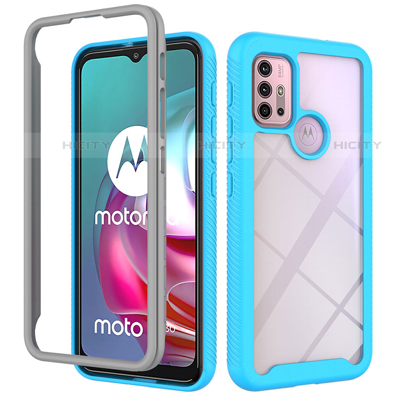 Motorola Moto G30用360度 フルカバー ハイブリットバンパーケース クリア透明 プラスチック カバー モトローラ シアン