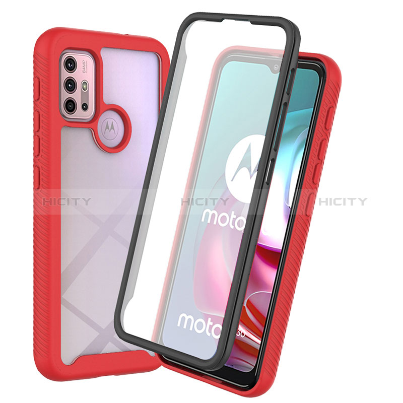 Motorola Moto G30用360度 フルカバー ハイブリットバンパーケース クリア透明 プラスチック カバー ZJ3 モトローラ レッド