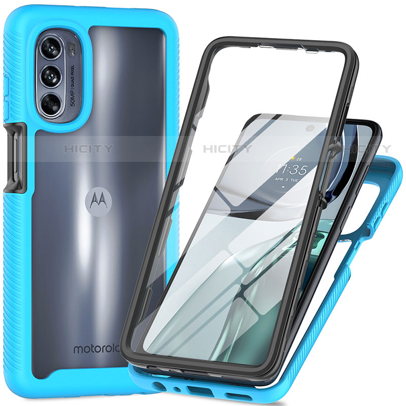 Motorola Moto G62 5G用360度 フルカバー ハイブリットバンパーケース クリア透明 プラスチック カバー モトローラ シアン