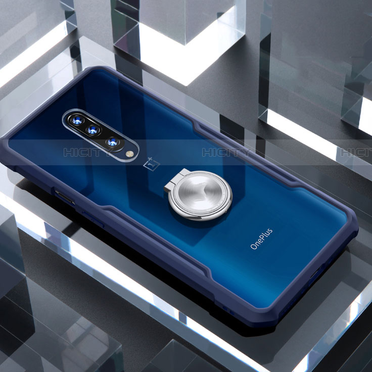 OnePlus 7 Pro用360度 フルカバーハイブリットバンパーケース クリア透明 プラスチック 鏡面 アンド指輪 マグネット式 OnePlus ネイビー