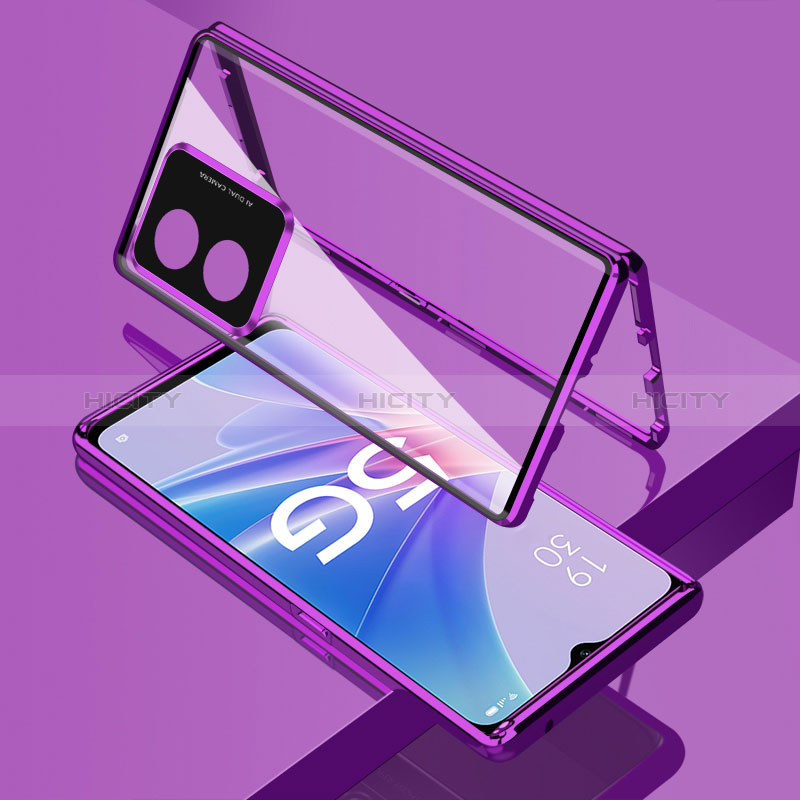 Oppo A1 Pro 5G用ケース 高級感 手触り良い アルミメタル 製の金属製 360度 フルカバーバンパー 鏡面 カバー Oppo パープル