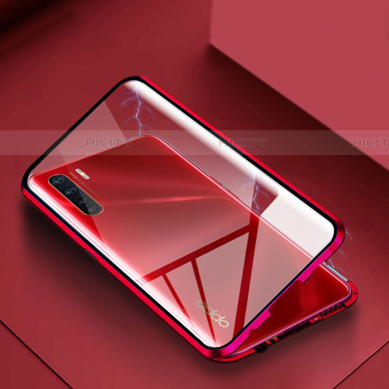 Oppo A91用ケース 高級感 手触り良い アルミメタル 製の金属製 360度 フルカバーバンパー 鏡面 カバー Oppo レッド