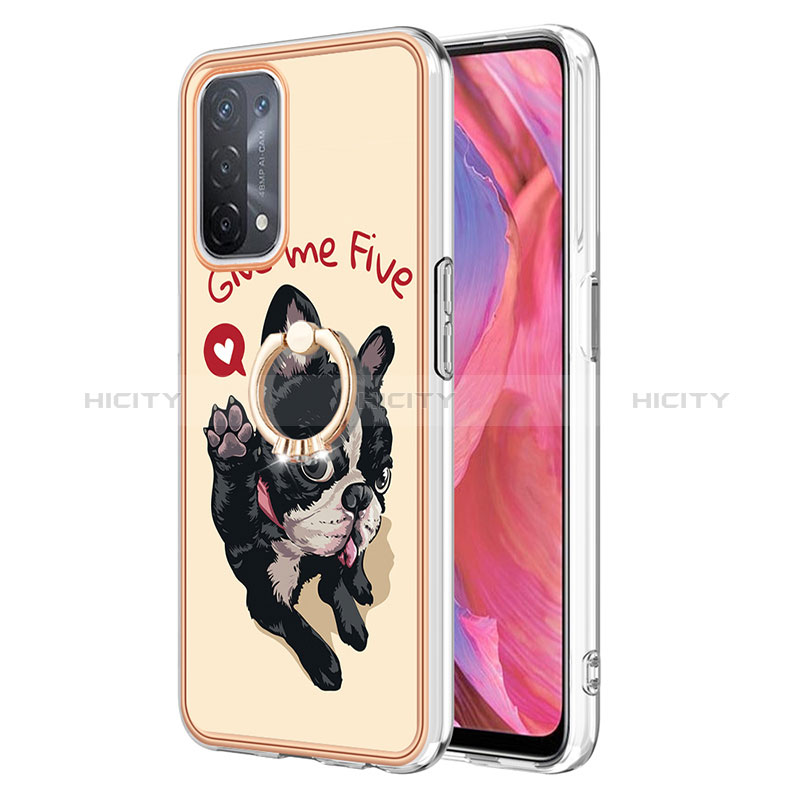 Oppo A93 5G用シリコンケース ソフトタッチラバー バタフライ パターン カバー アンド指輪 YB2 Oppo カーキ色