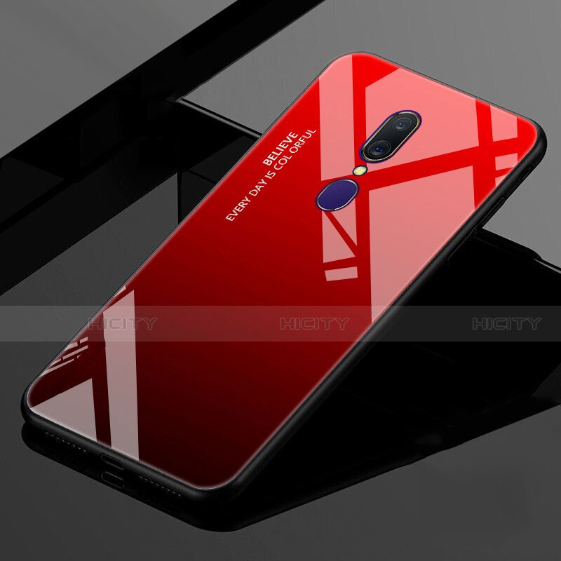 Oppo A9X用ハイブリットバンパーケース プラスチック 鏡面 虹 グラデーション 勾配色 カバー Oppo レッド